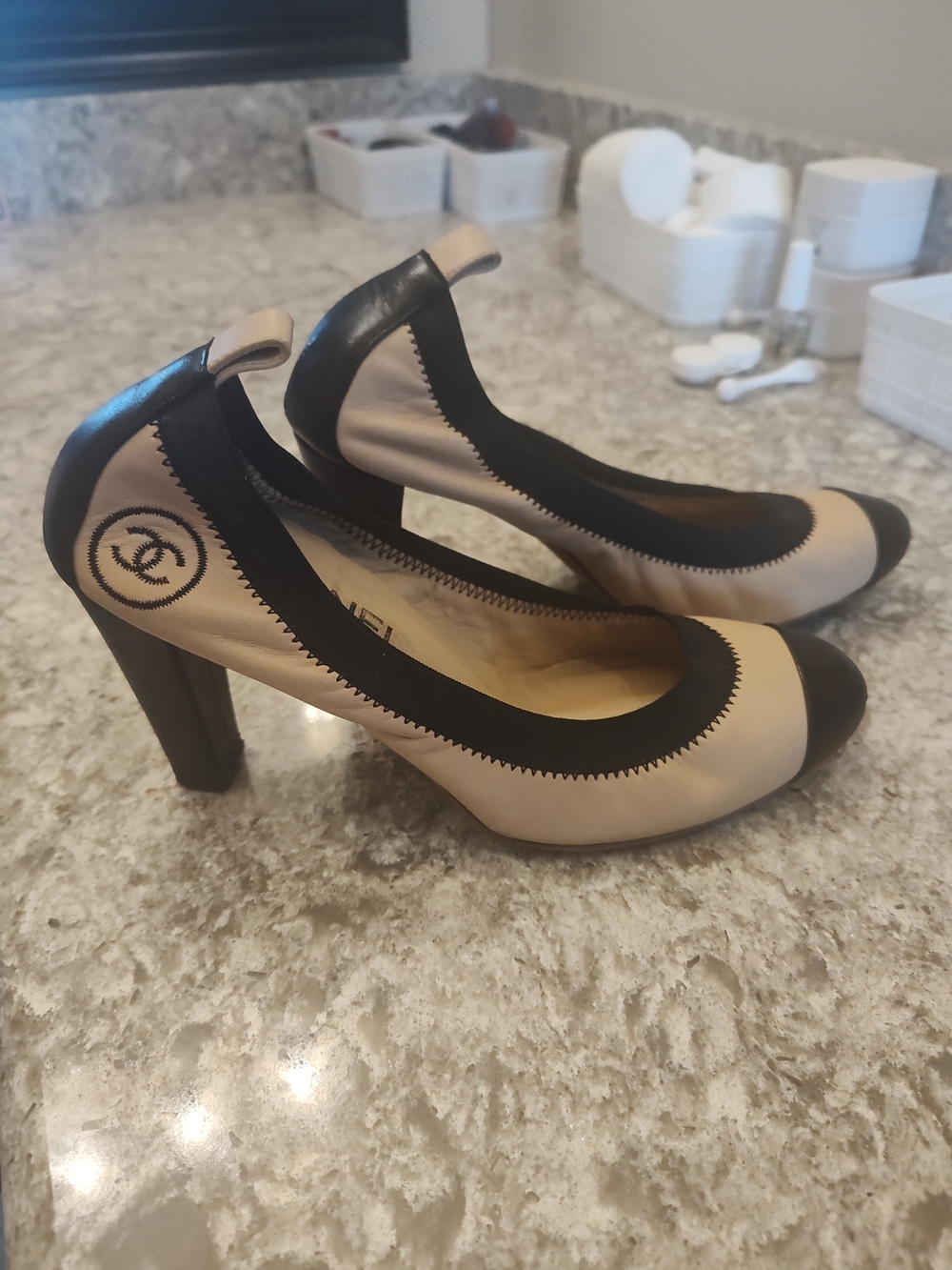 Chanel Two-Tone Beige and Black Leather Pumps Size 38.5